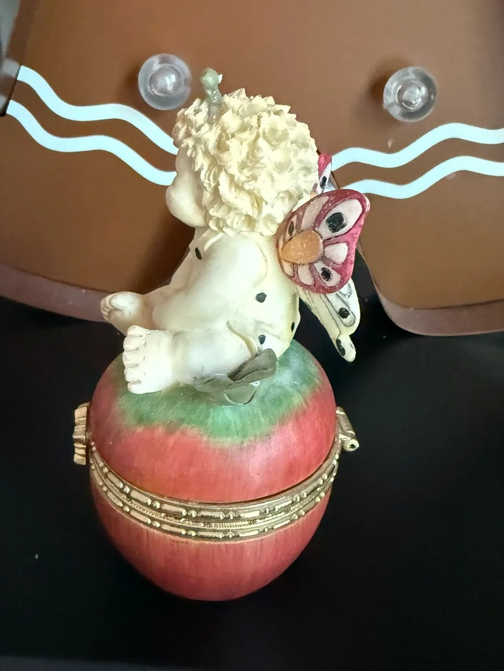 Vintage 1980’s Cherub Fairy Trinket Box on Red Apple - Decorative Home Accent
